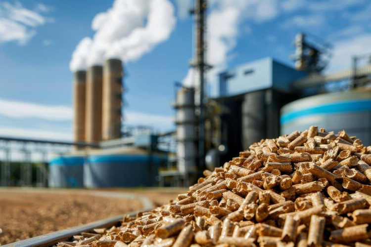 Wood pellets at an industrial production plant